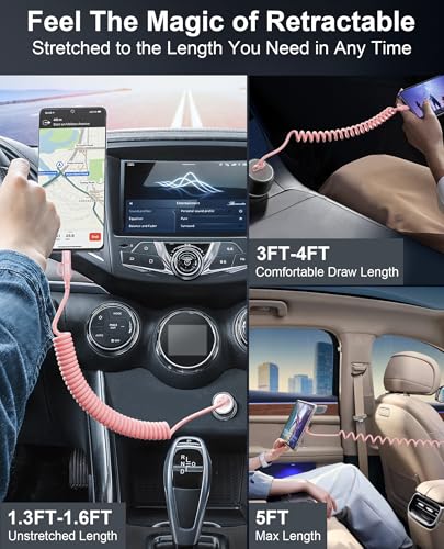 USB to Lightning and USB C Cable 2 in 1 Coiled Pink iPhone Charger - Pink Car Charger Lightning USB C Combo Cable Support Apple Carplay & Android Auto & Data, for iPhone 16 15 14 13 12 11 Android - color: Pink