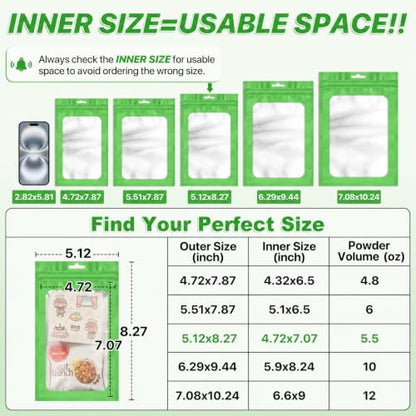 ANZNKU 100Pcs Green Mylar Bags, Resealable Smell Proof Zip Goodie Baggies - color: Lime Green, size: 5.12x8.27 inches