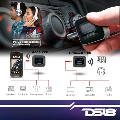 DS18 BTR2D 2 in-1 Wireless Bluetooth 5.0 Transmitter Receiver for Car, Home, TV, PC, Headphones - Dual Devices Simultaneously - up to 12HR Usage - Wireless Audio Adapter 3.5mm Aux with LCD Screen