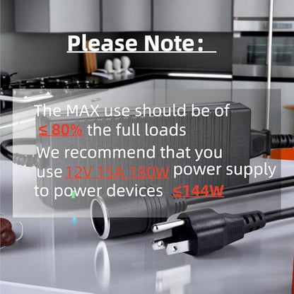 180W AC to DC Converter, 110V-240V to 12V/15A, Cigarette Lighter Socket AC/DC Adapter Power Supply for Car Inflator,Car Refrigerator,Car Vacuum, 7.2FT - color: 12V 15A
