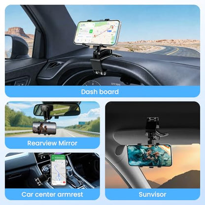 Car Phone Holder Mount Dashboard Rearview Mirror Sun Visor 360 Degree Rotation Multifunctional Adjustable Spring Clip Car Universal Phone Mount for 4-7 inch Cellphone