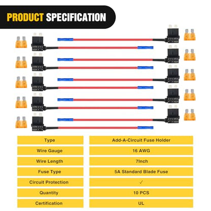 Nilight 10 Pack 12V Add-a-Circuit Standard ATO/ATC Fuse Tap Adapters 5A - color: Multicolor