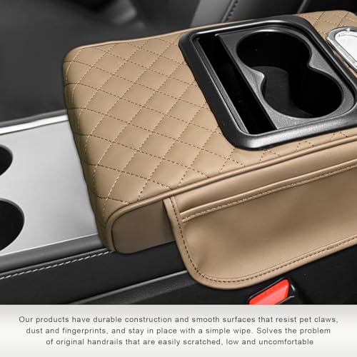 Car Center Console Armrest Pillow, 5-in-1 Armrest Cover with 2 Storage Bags Tissue Box Cup & Phone Holder, Comfy Arm Rest Cushion Leather Vehicle Middle Console Organizer (Beige, Embroidered) - color: Beige, Embroidered