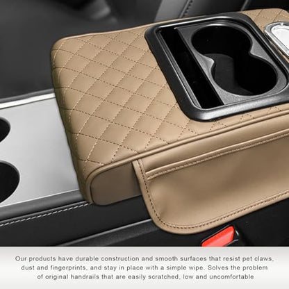 Car Center Console Armrest Pillow, 5-in-1 Armrest Cover with 2 Storage Bags Tissue Box Cup & Phone Holder, Comfy Arm Rest Cushion Leather Vehicle Middle Console Organizer (Beige, Embroidered) - color: Beige, Embroidered