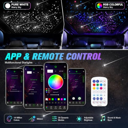 CHINLY 1200Pcs Split Starlight Headliner Kit, 4 Light Heads 0.02in 4.92ft+Meteor RGBW Star Lights for Car, 16W Starlight Kit APP/Remote Control, Flexible Wiring for Car Roof Ceiling - size: Meteor+1200pcs*0.02in*4.92ft