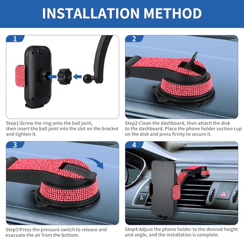 Bling Car Phone Mount, Dashboard&Windshield Universal Car Mount Phon e Holder,Cell Phone Navigation Holder with Suction Cup Base and Telescopic Arm, Red - color: Red