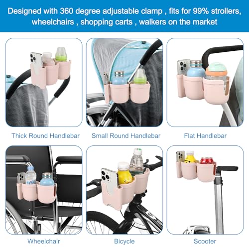 Accmor Stroller Cup Holder with Phone Holder, Bike Cup Holder, Universal Cup Holder for Uppababy Nuna Strollers, 2-in-1 Drinks Holder for Walker, Wheelchair, Scooter - color: Double Holder-All Crystal Pink