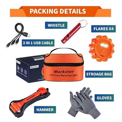4 Pack LED Road Flares, Beacons with Safety Kit Accessories - size: 4 Pack Parts