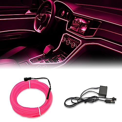 EL Wire Interior Car LED Strip Lights, 5M Neon Wire USB 5V with Fuse Protection for Automotive Car Interior Decoration with 6mm Sewing Edge, Car Garden Party Decoration, Pink