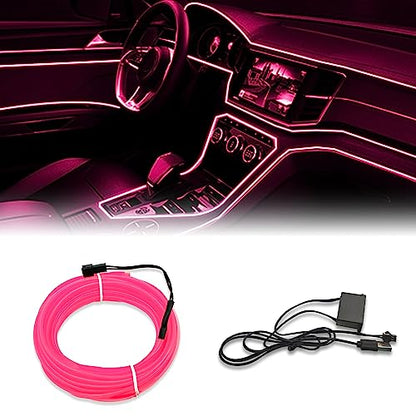 EL Wire Interior Car LED Strip Lights, 5M Neon Wire USB 5V with Fuse Protection for Automotive Car Interior Decoration with 6mm Sewing Edge, Car Garden Party Decoration, Pink