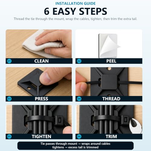 1" BLACK 500pcs Adhesive Cable Tie Mounts – Strong Sticky Back Nylon Wire Holders for Cable Management in Home, Office, Car & Christmas Lights - color: Black-500pack