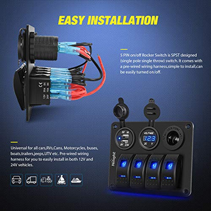 Nilight - 90117G 4 Gang Rocker Switch Panel Waterproof Pre-Wired Aluminum Switch Panel with Dual USB Cigarette Lighter Socket Voltmeter12V-24V DC ON Off Switch Panel for Cars Rvs Trucks, Blue - color: Blue, size: 4+3 Gang Dual USB