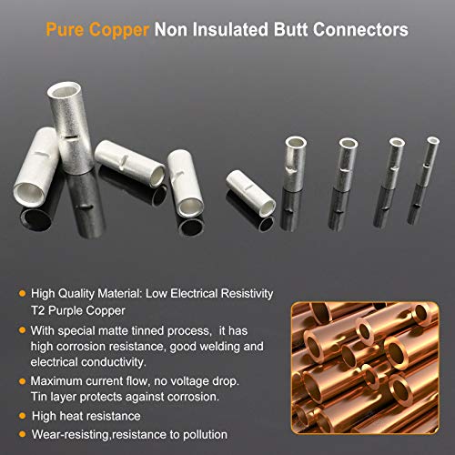 SVAAR 220 PCS 26-8 AWG Non-Insulated Butt Connectors Uninsulated Butt Splices Tinned Copper Marine Grade Butt Splice Terminals 26-8 Ga. Wire Splice Connector Seamless Barrel Crimp Butt Splice Terminal - color: Non-Insulated Splice - Tinned Copper