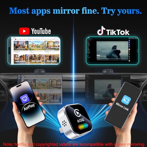 Wireless CarPlay Adapter for iPhone – 2027 4-in-1 Dongle with AirPlay & Screen Mirroring, Low Latency, 5-Second Auto Connect for Wired Cars, Includes USB A/C（Silvery）