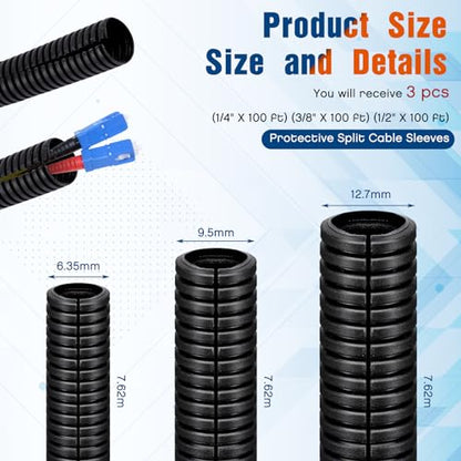 Sasylvia 1/4", 1/2", 3/8" X 25ft Split Wire Loom Tubing, Cord Protector - size: 1/4", 1/2", 3/8" X 25ft