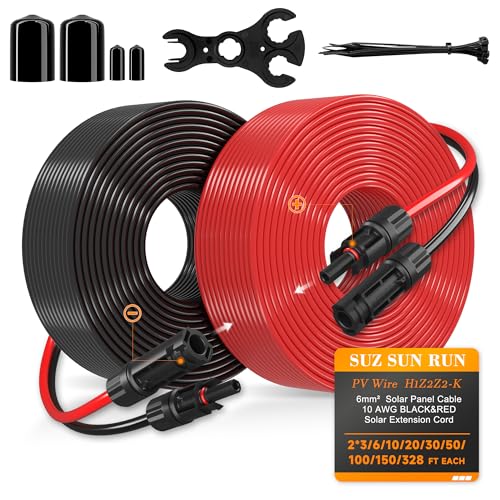 Solar Extension Cable 10AWG 6mm² 150FT PV Wire 10Gauge Adaptor Panels Cables with Female & Male IP68 Waterproof Connectors for Outdoors, Marine, RV, Photovoltaic (Black& Red) - size: 150ft Both ends installed