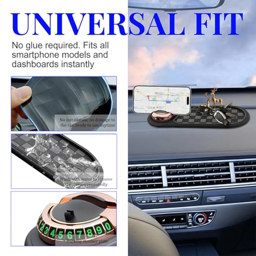 HZEL Car Dash Anti-Slip Pad, 3 in 1 Rotating Vehicle Dashboard Mat with Temporary Parking Number, Anti-Shake Auto Phone Sunglasses Keys Holder Organizer Pad, Universal Fit (Black/Gray/Gold) - color: Black/Gray/Gold