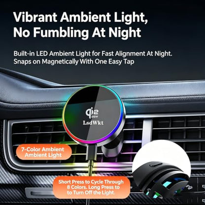 for MagSafe Car Wireless Charger, 25W Qi2 Magnetic Car Vent Mount Charger, Compatible with iPhone Series, Built-in Cooling Fan, RGB Light, Strong Magnet & 360° Rotation Car Phone Holder Charger