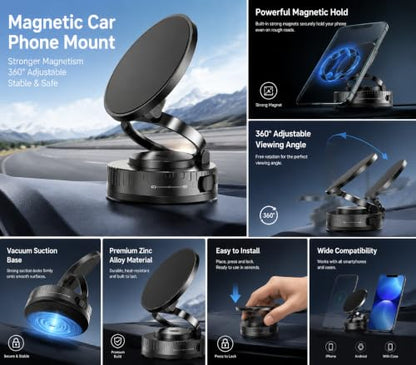 Magnetic Car Phone Mount, Vacuum Suction Cup Dashboard Cell Holder, Premium Zinc Alloy 360° Rotating Hands-Free Desk Mount for MagSafe Navigation and Live Streaming - color: Magnetic Car Mount Phone 2