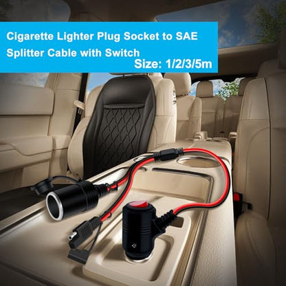 Cigarette Lighter Cable with On Off Switch 12V 24V SAE to Cigarette Lighter Plug with Switch 14AWG 20A Fuse with LED Light, Waterproof Cover Suitable for Cars, Motorcycles, Boats (3 m/10 ft) - size: 3 m/10 ft
