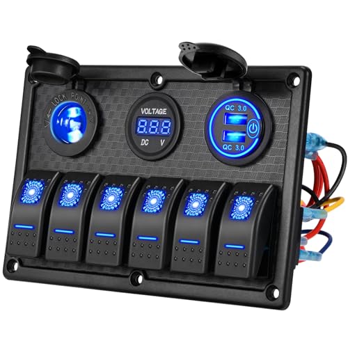Kohree 6 Gang 12V Marine Boat Rocker Switch Panel Waterproof + USB Switch - style: 6 Gang