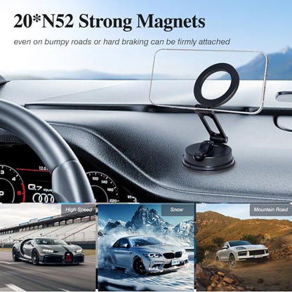 Vacuum Magnetic Car Phone Holder, Magsafe Suction Cup Phone Mount for Car Rv Gym Shower,Metal Arm,360° Rotation,Foldable,Reusable,Dashboard Car Mount for iPhone 17 16 Pro Max 15 14 13 12 Plus Android