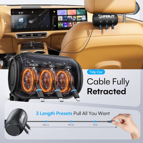 SUPERLIT 3-in-1 Backseat Retractable Car Charger Station – Universal Fast Charging Box for iPhone, Samsung, Android – Mount to Headrest – Ideal for Uber, Lyft, Turo, Rideshare Drivers with Tip Sign