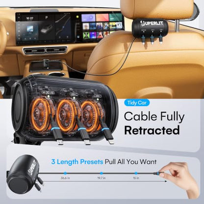SUPERLIT 3-in-1 Backseat Retractable Car Charger Station – Universal Fast Charging Box for iPhone, Samsung, Android – Mount to Headrest – Ideal for Uber, Lyft, Turo, Rideshare Drivers with Tip Sign