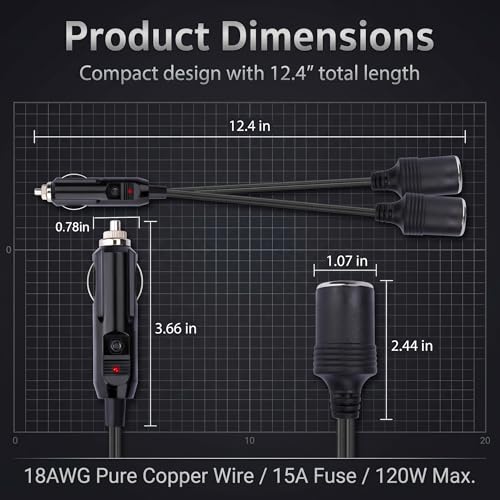 Car Cigarette Lighter Splitter, 12 V 18AWG High-temperature Resistant 1 to 2 Splitter, Plug-and-play Dual Cigarettes Lighter Extension Cord with Fuse, for Most Cars Trucks SUVs (Black)