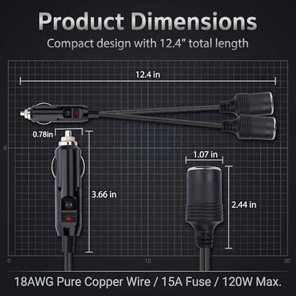 Car Cigarette Lighter Splitter, 12 V 18AWG High-temperature Resistant 1 to 2 Splitter, Plug-and-play Dual Cigarettes Lighter Extension Cord with Fuse, for Most Cars Trucks SUVs (Black)