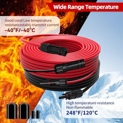 Solar Extension Cable 10AWG 6mm² 100FT PV Wire 10Gauge Adaptor Panels Cables with Female & Male Waterproof Connectors for Outdoors, Marine, RV, Photovoltaic (Black& Red) - size: 100ft Both ends installed