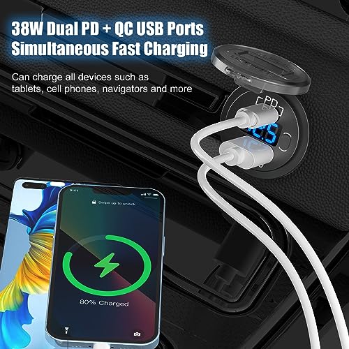 Hapytrip 12V USB C Car Charger Socket, 38W PD 3.0 & QC 3.0 Car USB Port, Waterproof 12 Volt USB Outlet with Power Switch Voltmeter for Car Marine Truck RV - color: Plastic