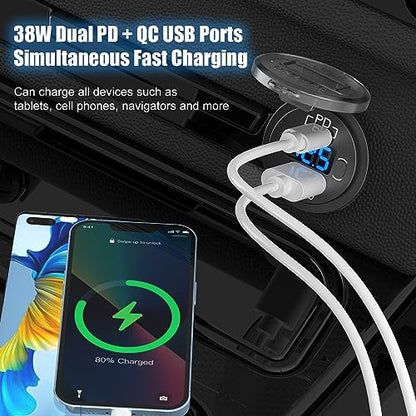 Hapytrip 12V USB C Car Charger Socket, 38W PD 3.0 & QC 3.0 Car USB Port, Waterproof 12 Volt USB Outlet with Power Switch Voltmeter for Car Marine Truck RV - color: Plastic