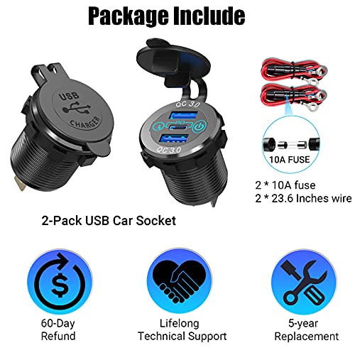 12V USB C Car Charger Socket 2 Pack, Qidoe 56W Aluminum Socket 12V USB Outlet 20W PD3.0 USB-C and Dual QC3.0 Ports with Touch Switch Waterproof DIY USB Port for Car Boat RV Motorcycle Truck Golf Cart