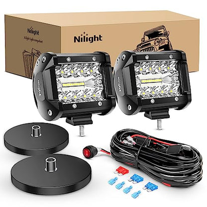 Nilight 2PC 4Inch Triple Row Lights 60W Flood Spot Combo 6000LM Bar Driving Boat Led Off Road Trucks with 2PC Magnetic Base LED Light Bar Mounting Brackets Switch Wiring Harness Kit, 2 Years Warranty - color: Led Pods +Magnetic Base +Wiring Harness