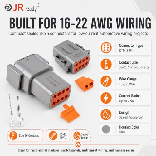 JRready ST6329-8 Deutsch DTM 8 Pin Connector(4 Sets), Size 20 Stamped Contacts 16-22 AWG for Harness Repair, Replacement, Automotive, Truck, Marine, Wiring Projects - size: 8 PIN
