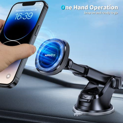 APPS2Car for MagSafe Car Phone Mount for iPhone, Magnetic Windshield Dashboard Holder with Telescopic Arm and Strong Suction Cup, Compatible with iPhone 17/16/15/14/13/12 MagSafe Cases - color: Black
