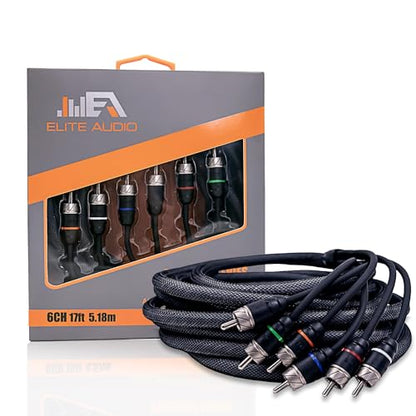 Elite Audio Premium Series 17ft. 6-Channel Car Audio RCA Cable – Double Shielded, Oxygen Free Copper, Noise Reducing Audio Cable for Amplifiers, Subwoofers, Speakers, and Processors – PRM617 - size: 17' (ft), style: 6-Channel