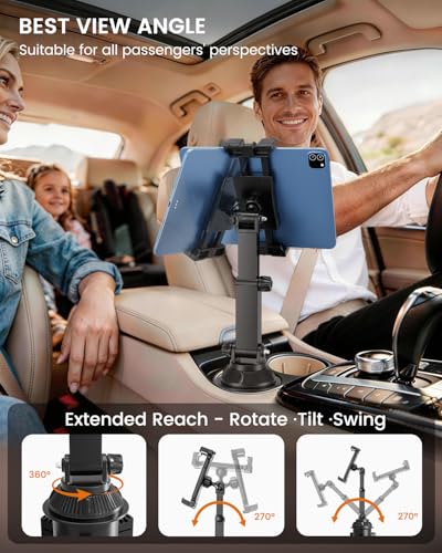 OHLPRO Car Cup Holder Tablet Mount for Truck & SUV, Heavy Duty iPad Holder for Car with Thick Case Friendly Deep Claws, 2.6-3.9" Expandable Base & Adjustable Extension Arm, Fits 5-17" Devices, Black