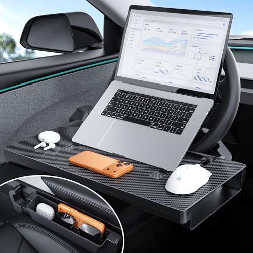 2-in-1 Car Steering Wheel Desk & Table Tray, Seat Gap Filler Organizer - Detachable Two-Piece Slide-Together Laptop & Eating Tray, Adjustable Supports & Hooks, Fits Most 3-Spoke Round Wheels