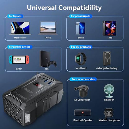 400W Car Power Inverter for Vehicles DC 12V to AC 110V Inverter - color: Black