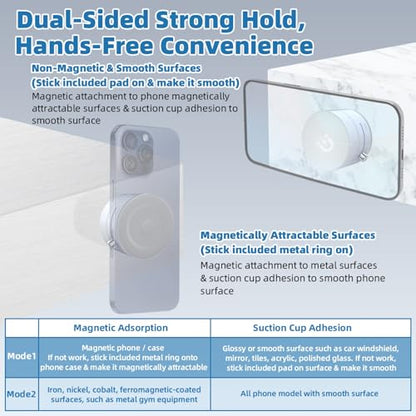 Vacuum Magnetic Phone Holder with Metal Ring Compatible with iPhone 17 16 15 14 All Phone, Portable Universal Collapsible Magnetic Phone Stand for Gym, Car Mount with Windshield Suction Cup - color: White