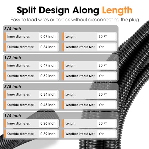 Wire Loom 1/4", 3/8", 1/2", 3/4 Inch x 30 FT, Split Wire Loom Tubing Wire Conduit, Cable Sleeves Bulk Flexible Electrical Conduit Protective kit, Black