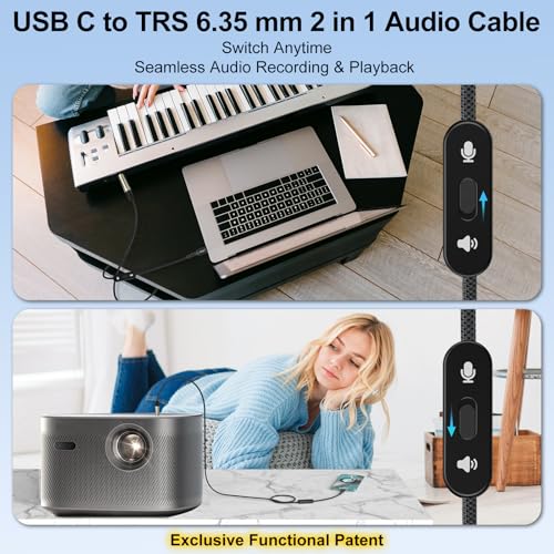 J&D USB C to 6.35 mm TRS Stereo Audio Cable, 2 in 1 Cord with Switch Button, Supports Recording and Playback, Compatible with iPhone 15/16, MacBook, iPad, Black, 6.6 Feet