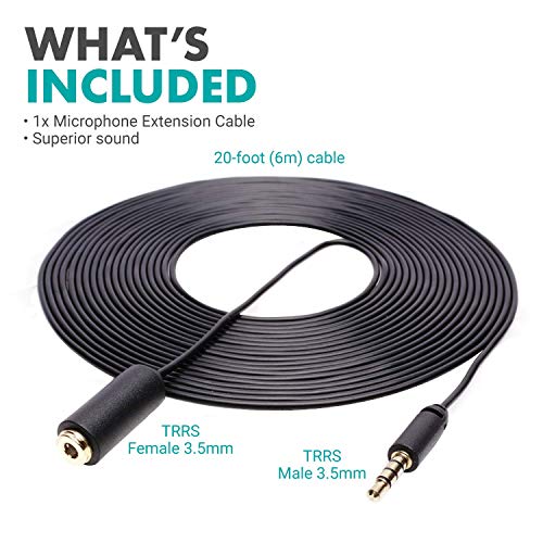 Movo PM10EC6 3.5mm Mic Extension Cord 20 Ft - Male to Female 3.5mm TRRS Microphone Cable - Aux Cord for iPhone, Android TRRS Extension Cable for Lav Mics