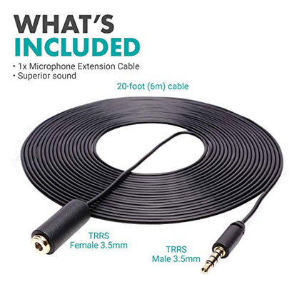 Movo PM10EC6 3.5mm Mic Extension Cord 20 Ft - Male to Female 3.5mm TRRS Microphone Cable - Aux Cord for iPhone, Android TRRS Extension Cable for Lav Mics