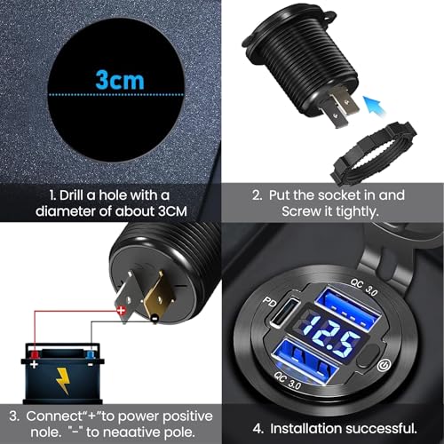 12V USB Car Socket, 3-Port Marine Aluminum USB Quick Charge Waterproof Cigarette Round USB C 12V Outlet for Car Golf Cart Boat Marine Bus Truck RV Marine Motorcycle etc(2QC+1PD(1Pack)) - color: 2USB+1PD(1Pack)