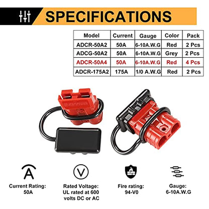 BUNKER INDUST 50A 6-10 Gauge Battery Quick Connect Disconnect Wire Harness Plug Kit 4 Pcs Battery Cable Quick Connect Disconnect Plug for Winch Auto Car Trailer Driver Electrical Devices,Red - color: red, size: 50A (4 Pack)