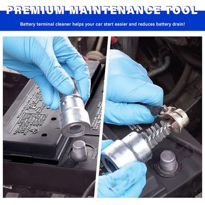 Battery Terminal Cleaner Kit, 2 Car Battery Post Terminal Brushes with 12 Anti-Corrosion Felt Washers, Cleaning Wire Brush Kit Universal Accessories for Truck RV Boat Batteries