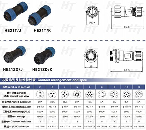 HangTon SD20 9 Pin Connector, Rotated Angled Plug + Panel Mount Socket, Female Male Waterproof Circular Aviation Power Quick Disconnect Outdoor Connector - size: 9 Pin